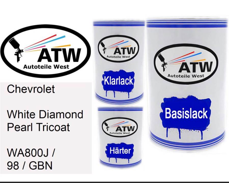 Chevrolet, White Diamond Pearl Tricoat, WA800J / 98 / GBN: 500ml Lackdose + 500ml Klarlack + 250ml Härter - Set, von ATW Autoteile West.